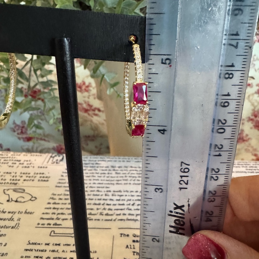 Stainless Steel Gold Hoop Earrings with Red Gem Accents - Picture 4 of 4